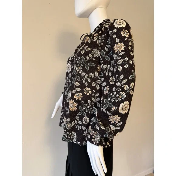 LOFT Women's Petite Floral Tie Neck Blouse Black Long Sleeve Size SP - Picture 5 of 13